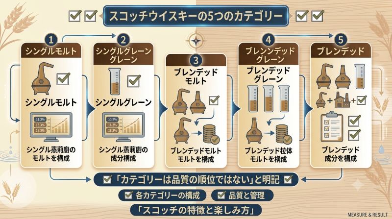 スコッチウイスキーの5つの法定カテゴリーと原酒構成の違いを整理した分類図