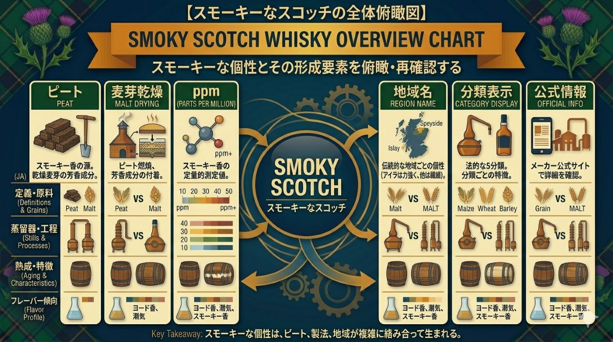 スモーキーなスコッチをピート、麦芽乾燥、ppm、地域名、分類表示、公式情報から整理する資料風イメージ
