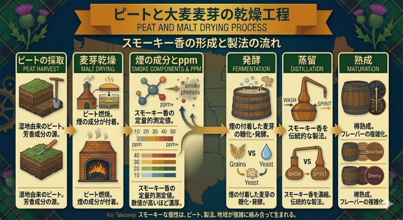 ピートと大麦麦芽の乾燥工程からスモーキーな香りが生まれる仕組みを示す資料風イメージ