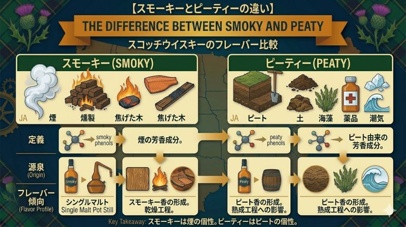 スモーキーとピーティーの違いを煙、ピート、土、海藻、薬品の要素で比較した資料風イメージ