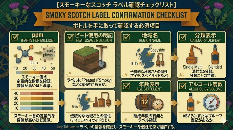 スモーキーなスコッチを確認するときのppm、ピート使用、地域名、分類表示、年数表示、アルコール度数を示すチェックリスト風イメージ