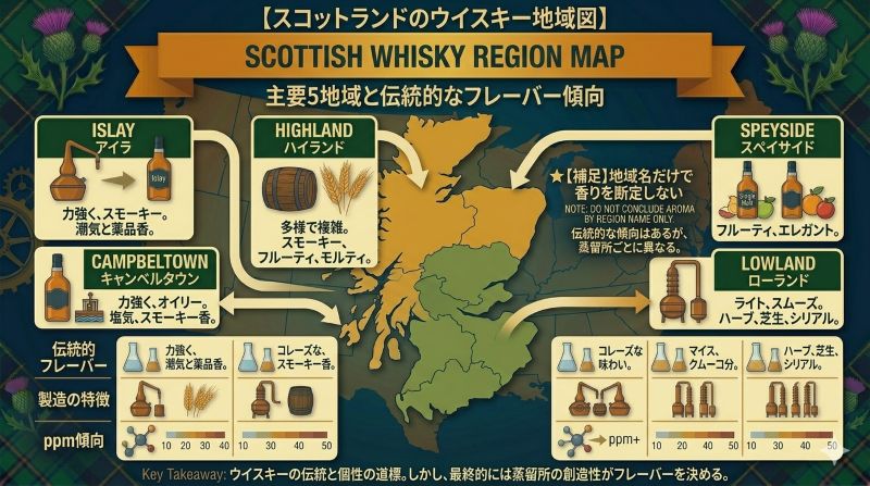 スコッチウイスキーの地域名とスモーキーさを確認するときの注意点を示す地図風資料イメージ