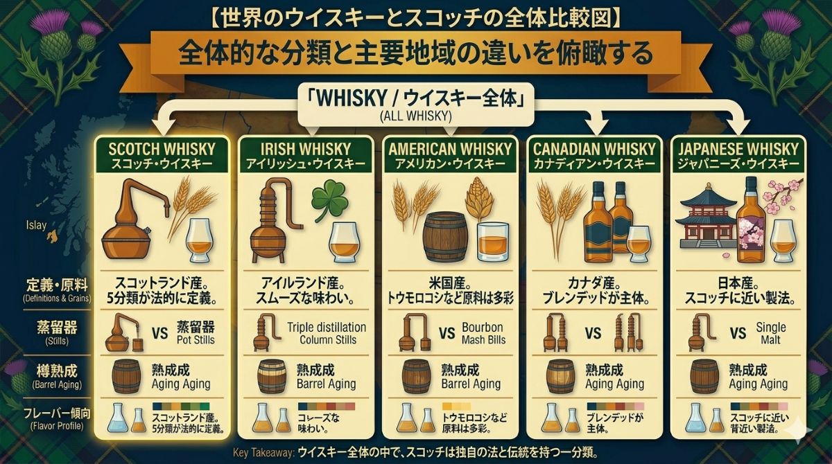 ウイスキー全体の中にスコッチウイスキーが含まれる関係を示す分類図風イメージ