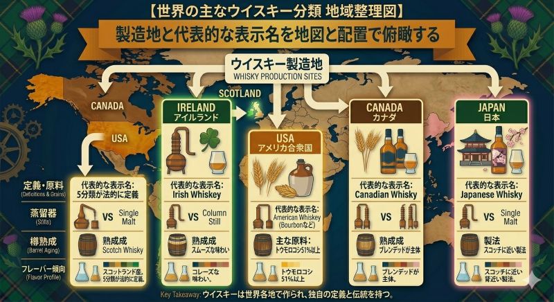 スコッチ、アイリッシュ、アメリカン、カナディアン、ジャパニーズの主なウイスキー分類を示す資料風イメージ