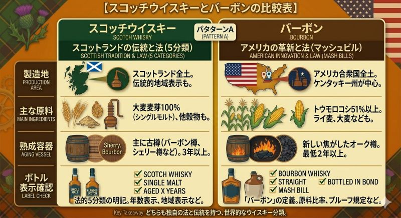 スコッチウイスキーとバーボンの違いを製造地、原料、熟成容器、表示から比較する資料風イメージ