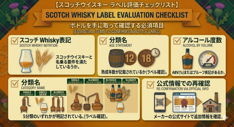 スコッチウイスキーのラベルで確認したい分類名、年数表示、アルコール度数、公式情報を示すチェックリスト風イメージ