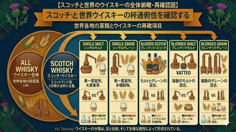 ウイスキー全体からスコッチウイスキーの分類へ整理するフロー図風イメージ