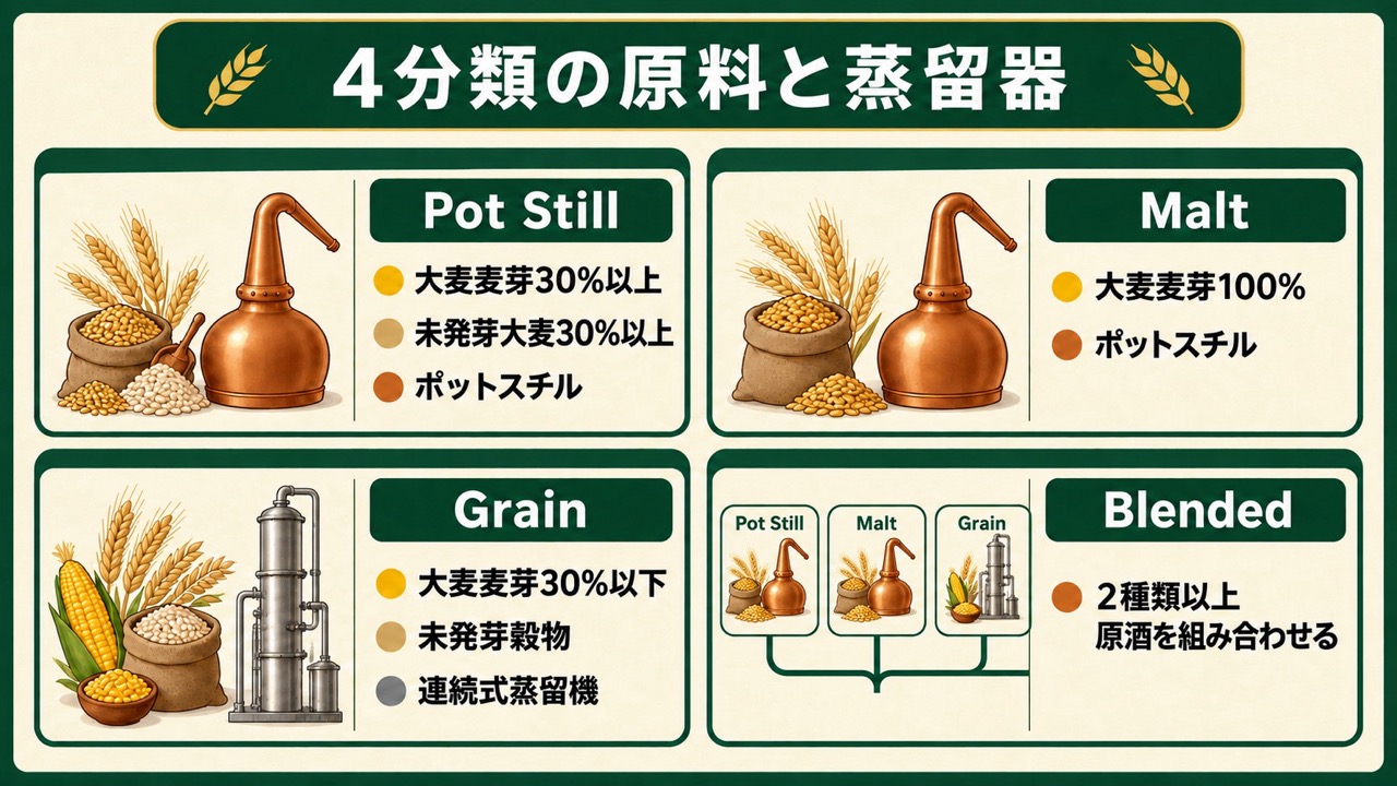 Pot Still・Malt・Grain・Blendedの原料条件と使用する蒸留器を比較した図