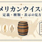 アメリカンウイスキーの定義・種類・表示確認を米国地図、穀物、オーク樽、チェック表で示す図
