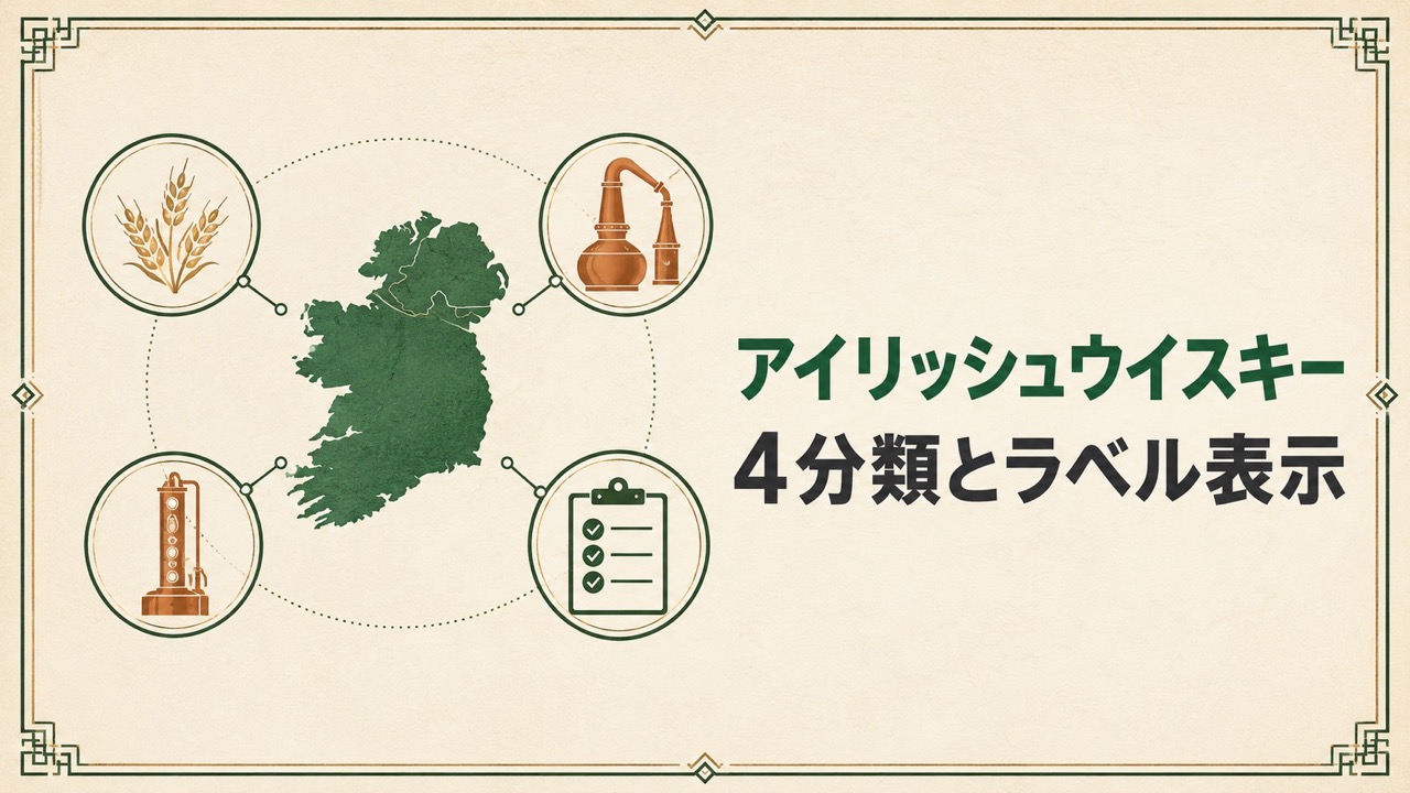 アイリッシュウイスキーの4分類とラベル表示をアイルランド島、穀物、蒸留器、チェック表で示す図