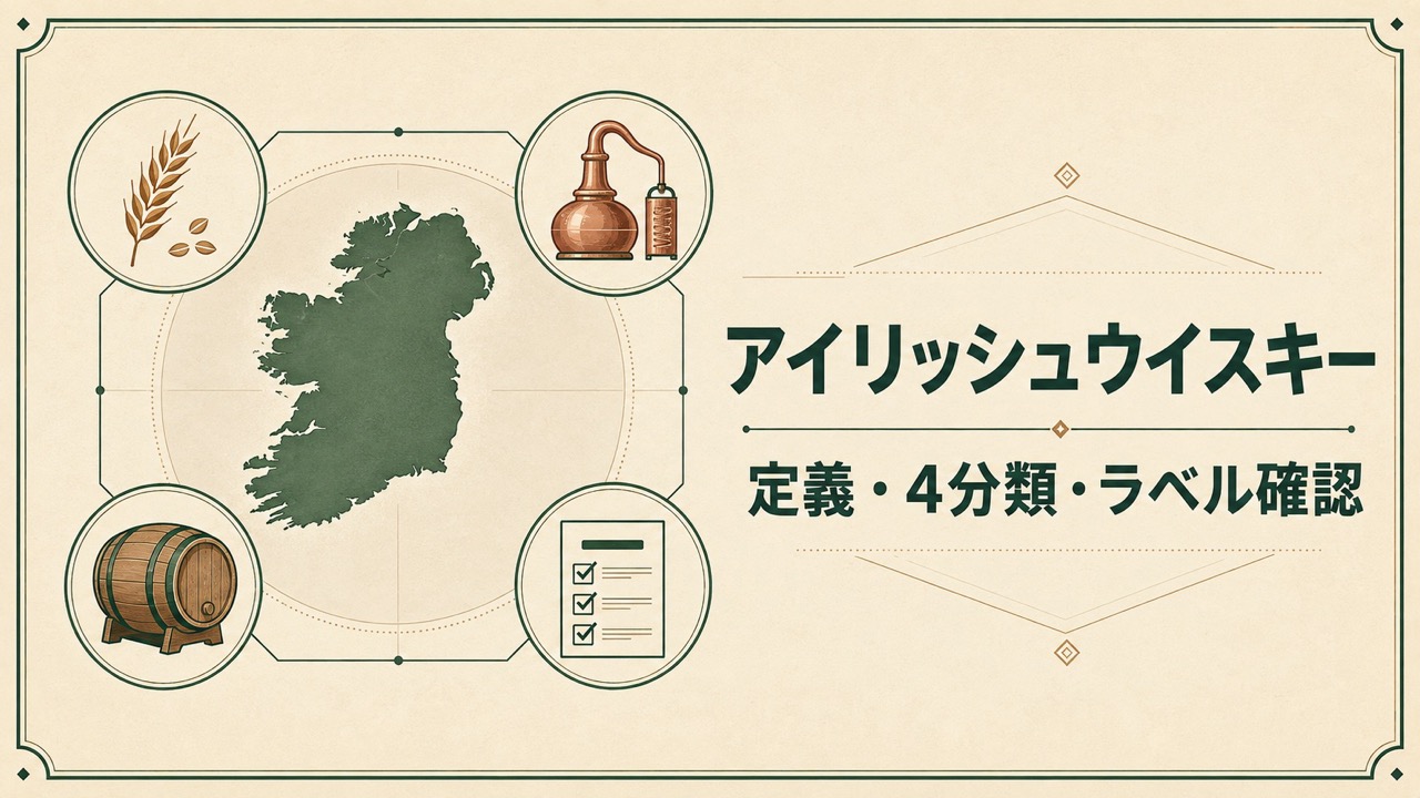 アイリッシュウイスキーの定義・4分類・ラベル確認をアイルランド島、穀物、蒸留器、樽で示す図