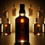 暗闇の中で黄金に輝く最高級ジャパニーズウイスキーのボトルシルエット。2025年の最新入手困難ランキングと、高騰する市場価値、そして希少なボトルを定価で手に入れるための戦略を象徴するラグジュアリーなイメージ。