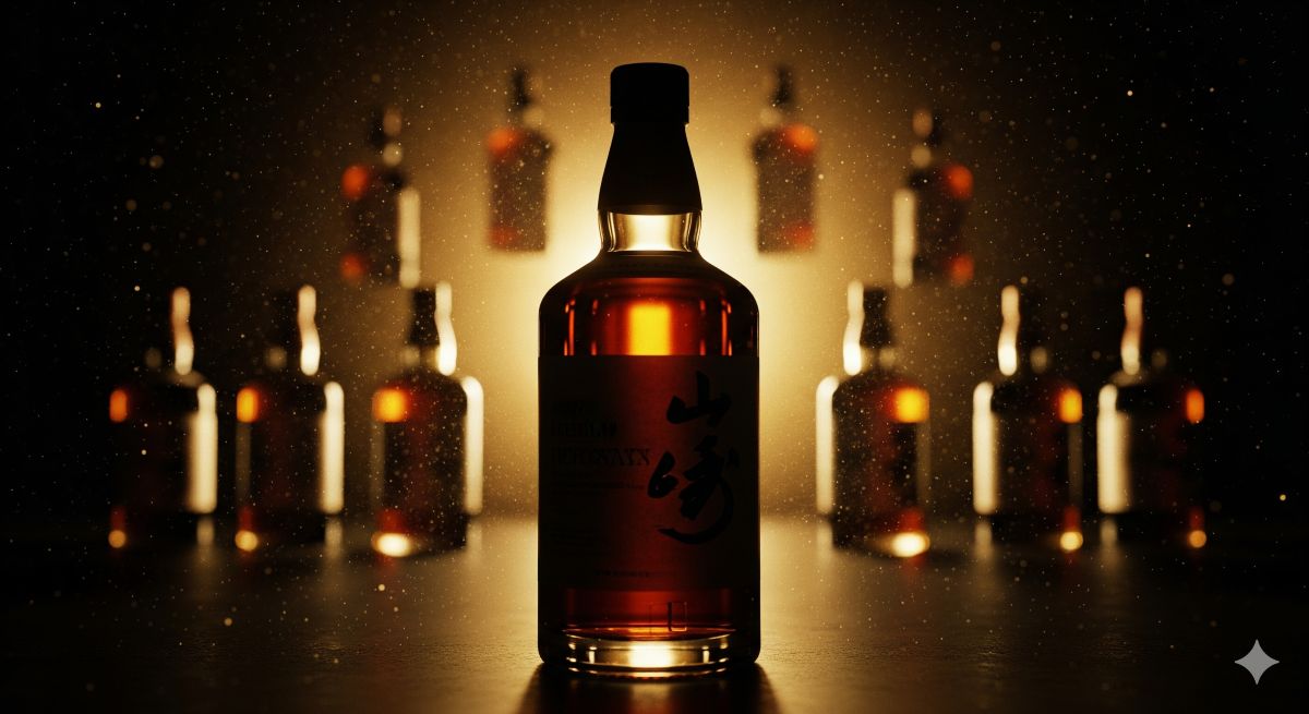 暗闇の中で黄金に輝く最高級ジャパニーズウイスキーのボトルシルエット。2025年の最新入手困難ランキングと、高騰する市場価値、そして希少なボトルを定価で手に入れるための戦略を象徴するラグジュアリーなイメージ。