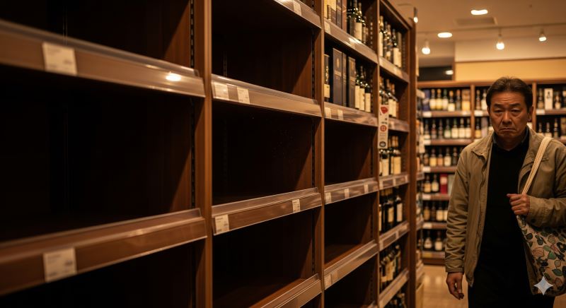 酒屋のウイスキー売り場で、商品がなく空っぽになった木製の棚を前にして、目当てのボトルが見つからず落胆の表情を浮かべる日本人男性。