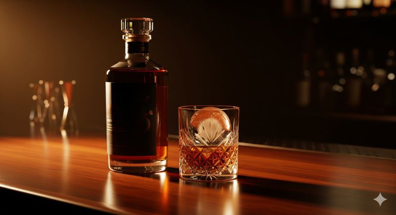 高級バーのカウンターに置かれたジャパニーズウイスキーのボトルと、透明な丸い氷が入ったロックグラス。温かみのある琥珀色の照明が、入手困難なボトルの高級感と資産価値を際立たせている様子。