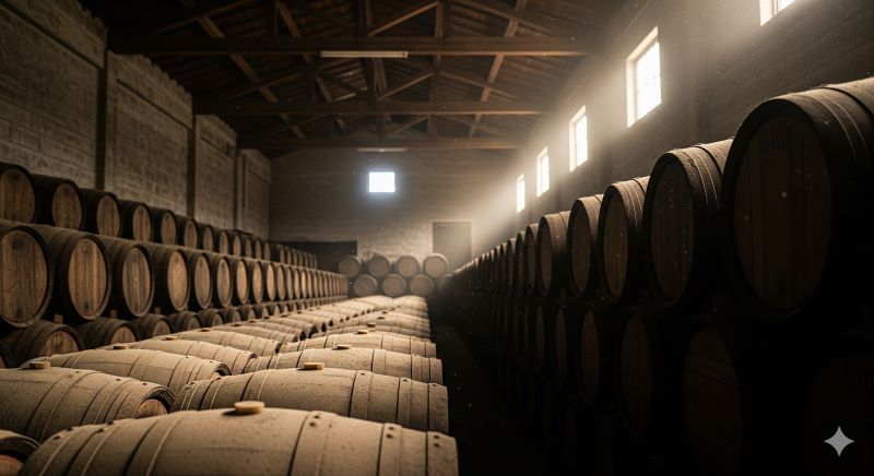 薄暗い日本のウイスキー蒸溜所の貯蔵庫に整然と並ぶ木樽の列。窓から差し込む一筋の光が、長い年月をかけて熟成される「幻のウイスキー」の希少性と、静寂な時が流れる歴史的な価値を物語っている様子。