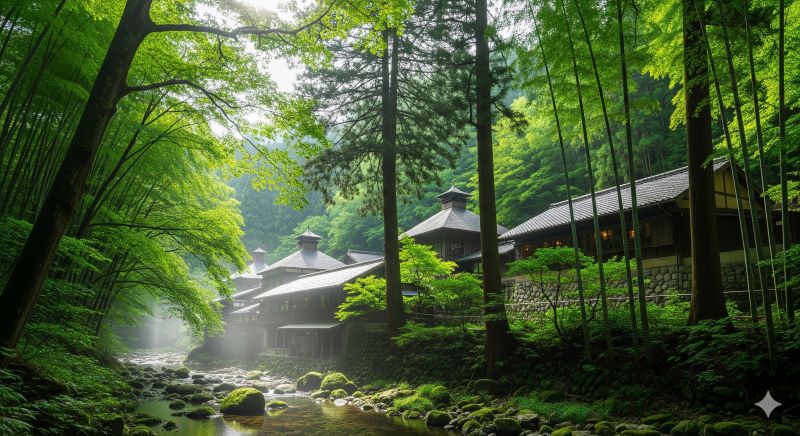 深い森の中に佇む日本のウイスキー蒸溜所の風景。木漏れ日が差し込む豊かな緑と清流に囲まれた環境が、白州のような「森の蒸溜所」特有のテロワールと、爽やかな味わいを生み出す自然の恵みを象徴している様子。