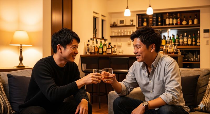 自宅のリラックスした雰囲気の中、ウイスキーが入ったグラスを傾けて乾杯する二人の日本人男性。プレ値や入手困難な状況を乗り越え、本当に美味しいウイスキーを仲間と共有する喜びと、豊かな時間を楽しんでいる様子。