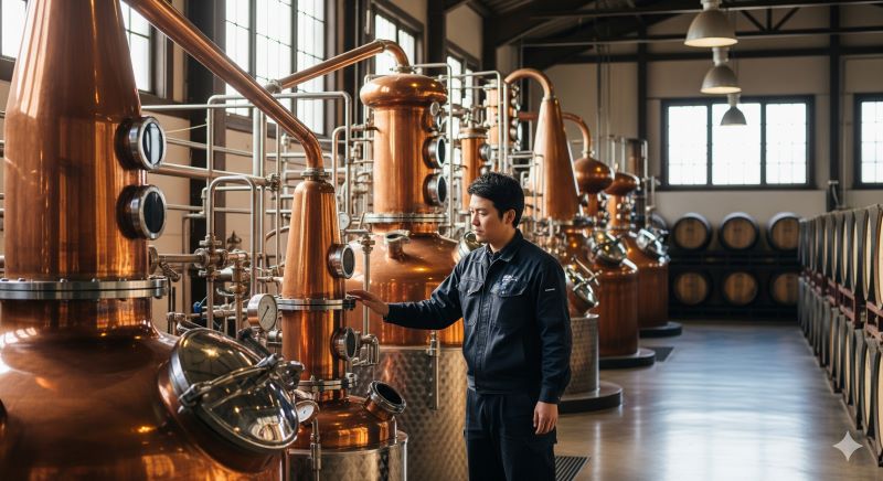 日本のウイスキー蒸溜所で、輝く銅製のポットスチル(蒸留器)を真剣な眼差しで点検する職人。大量生産できないこだわりの製法と、新興クラフト蒸溜所の台頭による将来の供給増加への期待を象徴している様子。