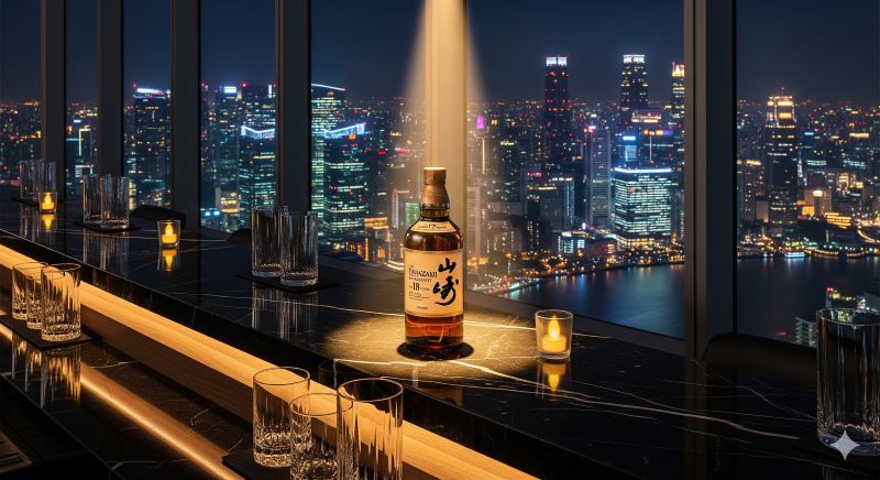 海外の大都市の煌びやかな夜景を一望できる高級バーのカウンターに鎮座するジャパニーズウイスキーのボトル。世界中の富裕層にとって、日本のウイスキーが成功の証(ステータスシンボル)として愛飲されている様子。