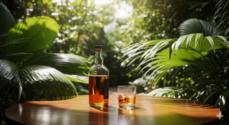 亜熱帯の強い日差しと緑豊かな植物に囲まれたテーブルに置かれたウイスキーボトル。台湾やインドなど、高温多湿な環境で急速熟成される「ニューワールド・ウイスキー」の力強さと将来性を象徴している様子。
