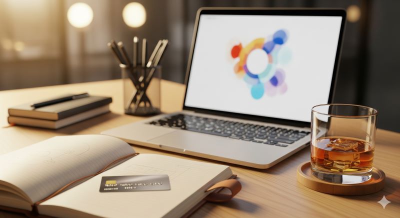 ノートパソコンやメモ帳、クレジットカードが置かれたデスクと、その傍らにあるウイスキーグラス。定価購入のために百貨店カードを作ったり、入念に抽選情報をリサーチしたりする「賢い戦略」と準備の様子。
