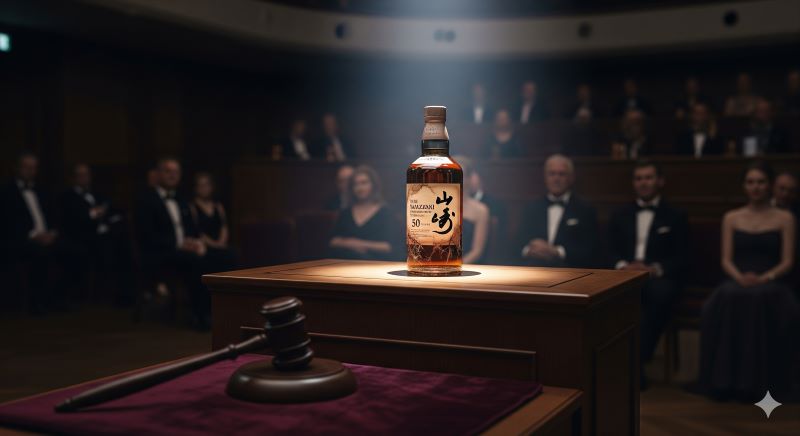 格式高いオークション会場でスポットライトを浴びる希少なジャパニーズウイスキーのボトルと、手前に置かれたハンマー(ガベル)。「飲むため」ではなく「資産」として高額取引される幻のウイスキーの市場価値を象徴している様子。