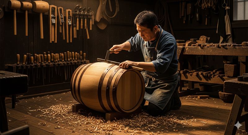 伝統的な工房でミズナラ樽の製作に打ち込む日本の樽職人(クーパー)。入手困難なミズナラ原木の希少性と、熟練の職人技が必要な製造工程の難しさを象徴している様子。
