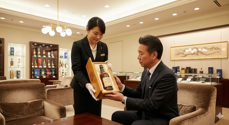 高級百貨店のVIPサロンで、白手袋をしたスタッフから希少な木箱入りのウイスキーを丁重に提示される外商顧客の様子。一般販売では手に入らない入手困難品を定価で購入するための、最も確実かつステータス性の高いルートを象徴している。