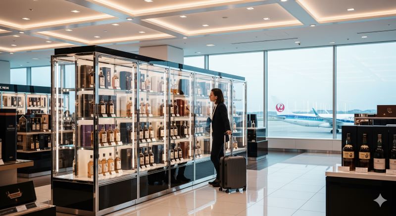 日本の国際空港内にある洗練された免税店のウイスキー売り場。出国直前の旅行者がショーケースを眺めている様子を描写し、消費税免除かつ在庫確保の可能性が高い「事前予約」という賢い購入ルートを視覚化。