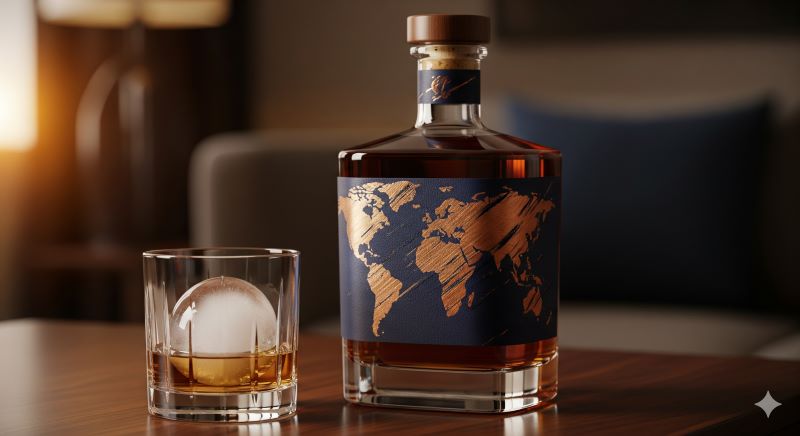 世界地図をモチーフにしたラベルが特徴的な「ワールドブレンデッドウイスキー」のボトルと、ロックグラス。ジャパニーズウイスキーの定義には当てはまらないが、定価で購入可能で高品質な「賢い選択肢」を象徴する一枚。