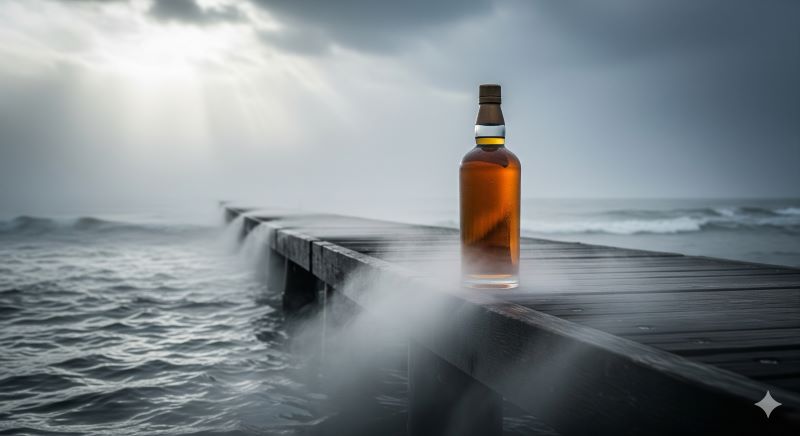 北海道の冷涼な海辺と霧の中に佇むウイスキーボトル。厚岸蒸溜所のような「海霧とピート」が特徴的な、入手困難なクラフトウイスキーの世界観を象徴する一枚。