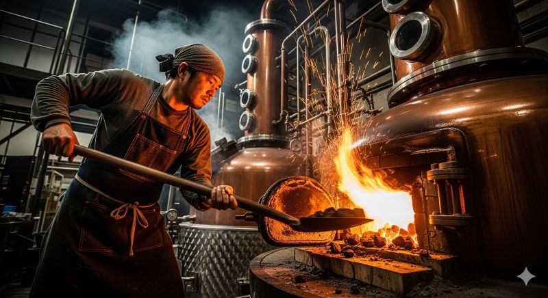 ニッカウヰスキー余市蒸溜所の伝統技法「石炭直火蒸溜」の様子。職人が炉に石炭をくべ、激しく舞う火花と炎が、余市ウイスキー特有の力強く香ばしい味わいを生み出す製造工程を象徴している一枚。