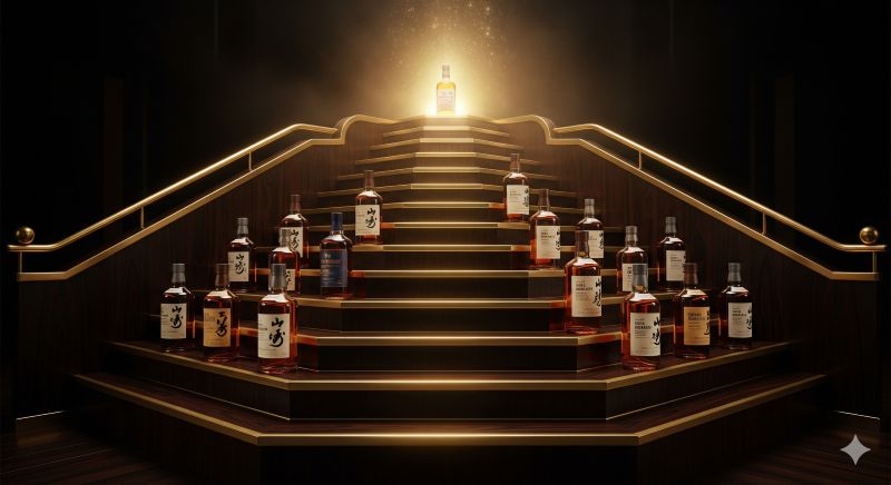ダークウッドとゴールドで作られた壮大な階段状の表彰台。各段には高級ジャパニーズウイスキーが並び、頂点には黄金の霧に包まれた最高峰のボトルが輝いている。2025年の最新ランキングと、入手困難なボトルの希少性、高級感を視覚的に表現したコンセプトアート。