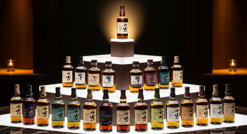 ジャパニーズウイスキーの入手困難度を3つの階層(ティア)で視覚化したイメージ図。下段の入手困難クラス(山崎12年など)から、中段の極難クラス(響21年など)、そして頂点に輝く神話級クラス(山崎25年など)へと、希少性と市場価値が高まっていく構造を表現している。