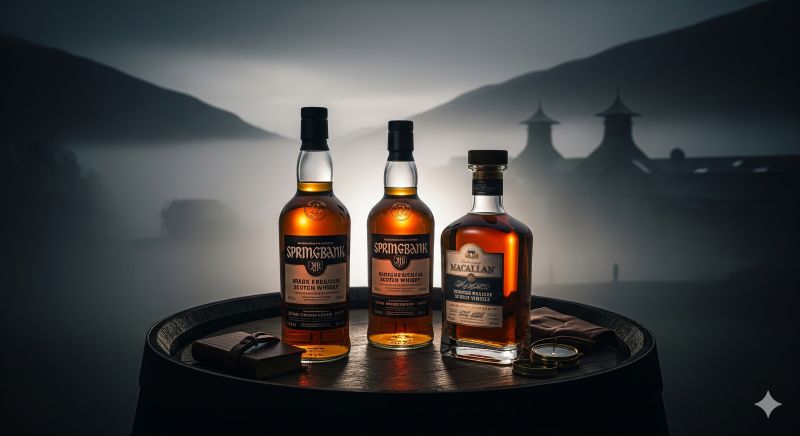 霧が立ち込めるスコットランドのハイランド地方と伝統的な蒸溜所のパゴダ屋根を背景に、古樽の上に鎮座する3本の希少なスコッチウイスキーボトル。スプリングバンクやマッカランなど、ジャパニーズウイスキー同様に入手困難となっている銘柄の重厚な雰囲気と資産性を表現したイメージ。