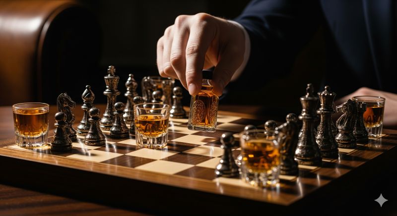 チェス盤の駒として配置されたミニチュアのウイスキーボトルを、慎重に動かすスーツ姿の手。激化するジャパニーズウイスキー市場において、入手困難な銘柄を定価で手に入れるための知的な戦略と、将来の価値を見極める先見性を象徴するイメージ。