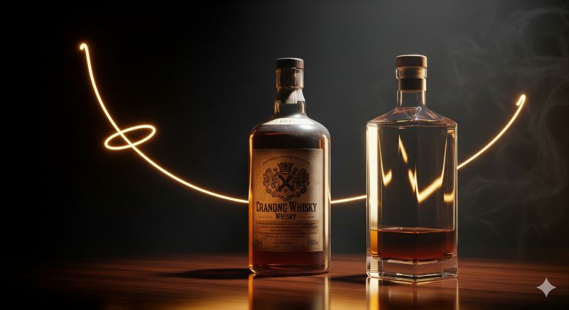 歴史的な価値を持つ「埃をかぶったオールドボトル」と、輝かしい未来を秘めた「新興蒸溜所の最新ボトル」の対比イメージ。背景の右肩上がりの金色の光が、これら希少ボトルが将来的に生み出す市場価値の上昇と投資ポテンシャルを象徴している。