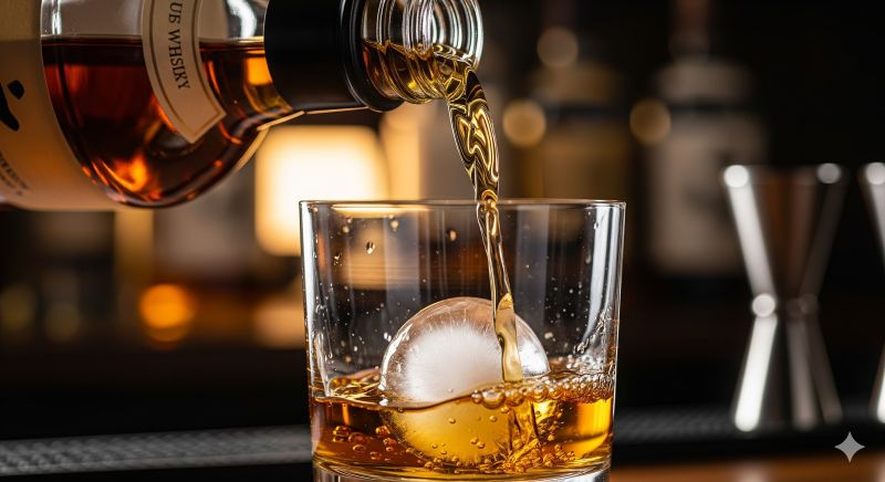 自宅のホームバーで、丸い氷が入ったグラスに琥珀色のジャパニーズウイスキーが注がれる瞬間。入手困難なボトルを苦労して手に入れた後に待っている、香り豊かな「至福の一杯」と達成感を象徴するイメージ。