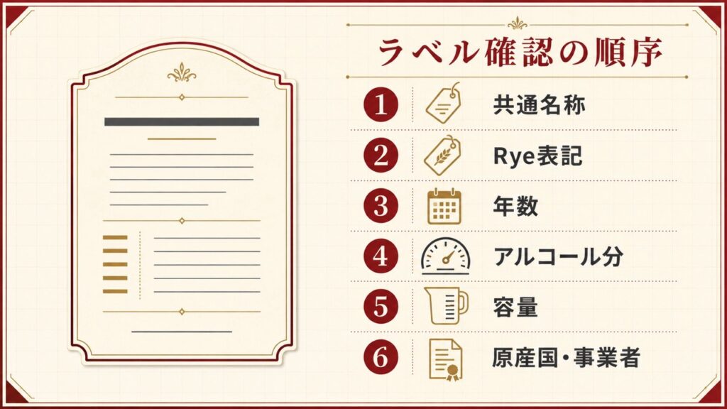 カナディアンウイスキーのラベルで共通名称・Rye表記・年数・アルコール分・容量・原産国と事業者を確認する順序の図