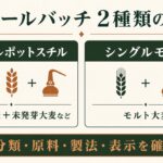 スモールバッチのシングルポットスチルとシングルモルトについて分類・原料・製法・表示の違いを示す図