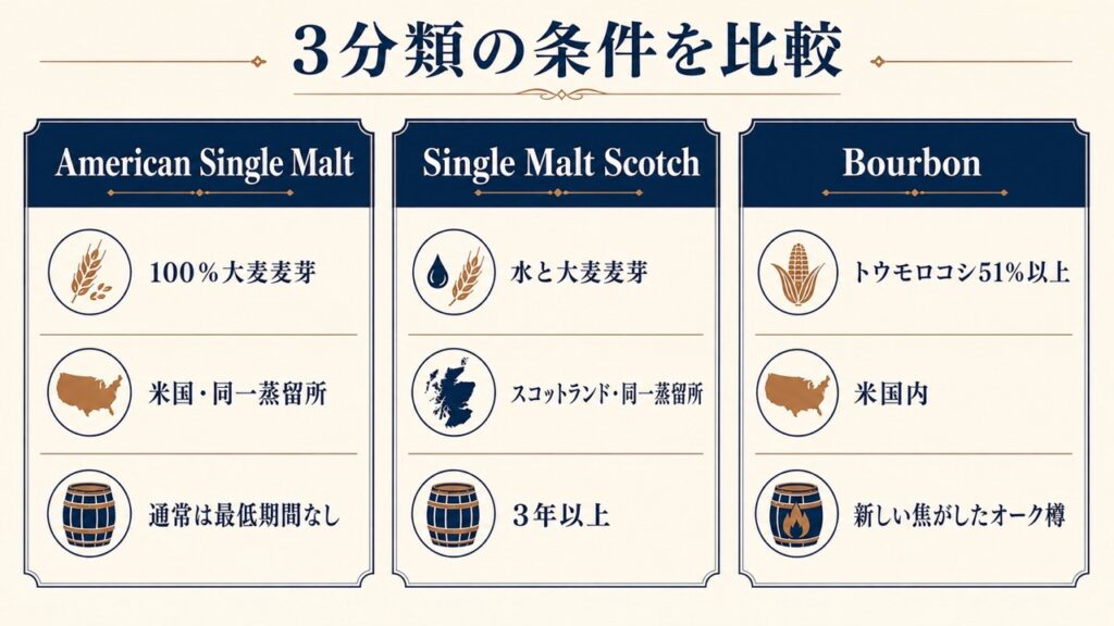 American Single Malt Whiskyの100%大麦麦芽・同一蒸留所・蒸留度数・樽容量・貯蔵場所・瓶詰め度数を示す図