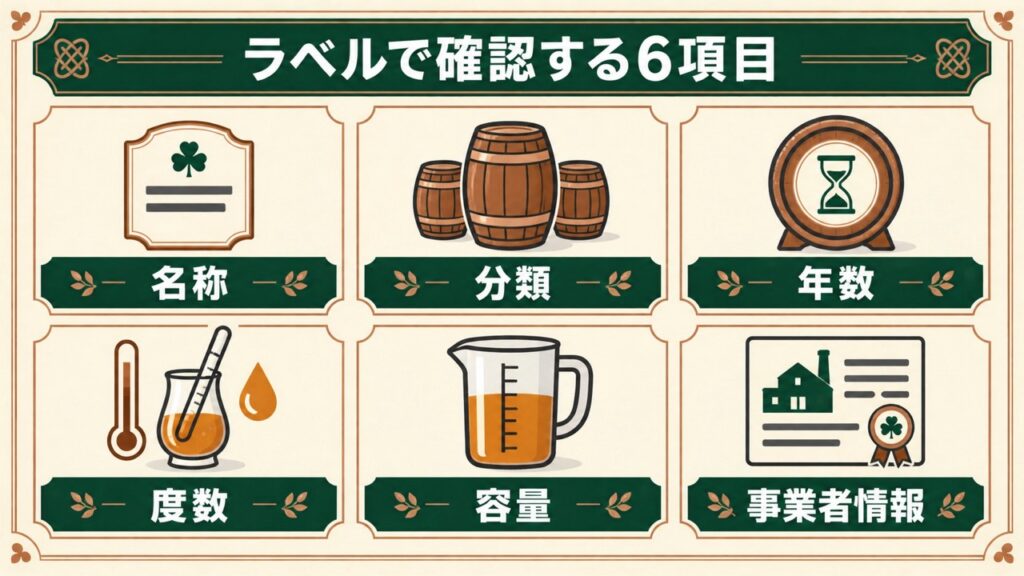 アイリッシュウイスキーのラベルで名称・分類・年数・度数・容量・事業者情報を確認する図