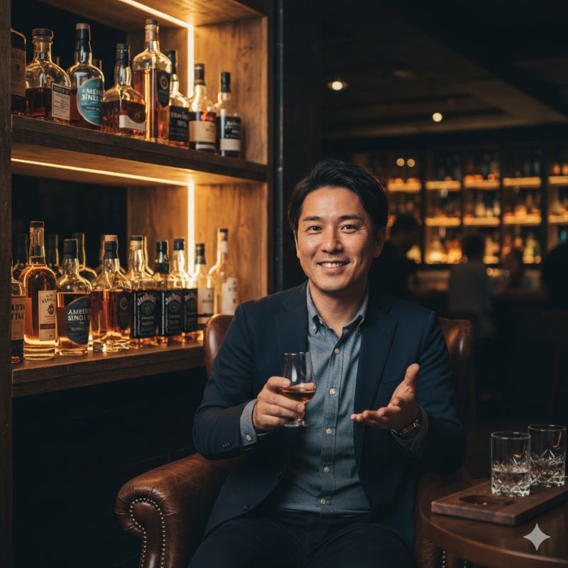 バーでグラスに入ったウイスキーを片手に微笑み、語りかける日本人男性。背景にはボトルが並んだ棚が見える。