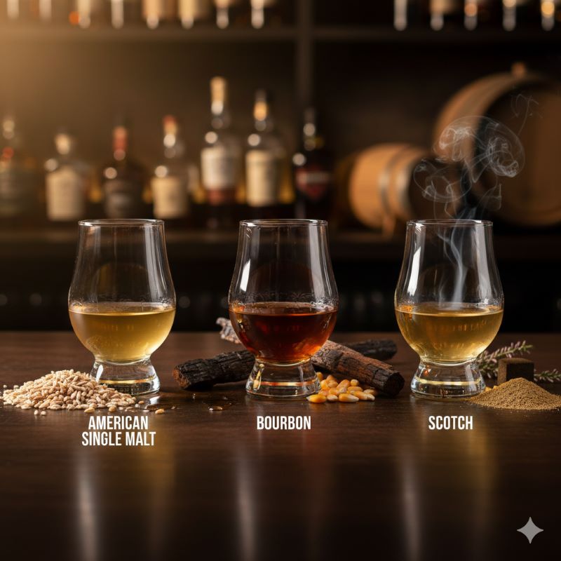 バーカウンターに置かれた3つのウイスキーグラス。手前にはそれぞれアメリカンシングルモルトの原料である大麦麦芽、バーボンのトウモロコシと焦がした樽、スコッチのピートが添えられている。