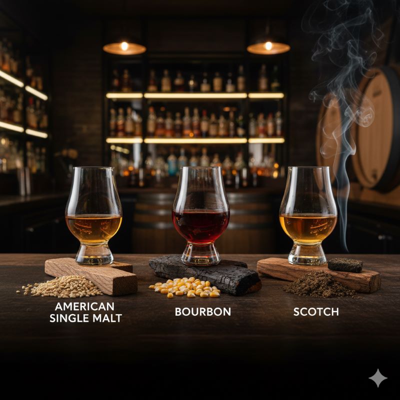 異なる色合いのウイスキーが入った3つのテイスティンググラスと、それぞれの原料(大麦麦芽、トウモロコシと焦がした樽、ピート)が並べられた様子。