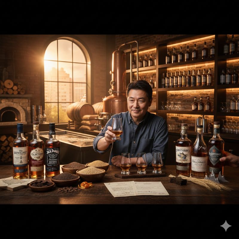 蒸溜所のテイスティングルームで、様々なウイスキーの原料(麦芽、トウモロコシ、焙煎モルトなど)とボトルに囲まれ、グラスを傾ける日本人男性。