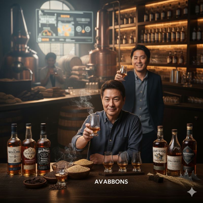 バーカウンターでアメリカンシングルモルトのボトルや関連素材を前に、テイスティンググラスを手に満足げに微笑む日本人男性。後ろには蒸留器と別の男性がいる。