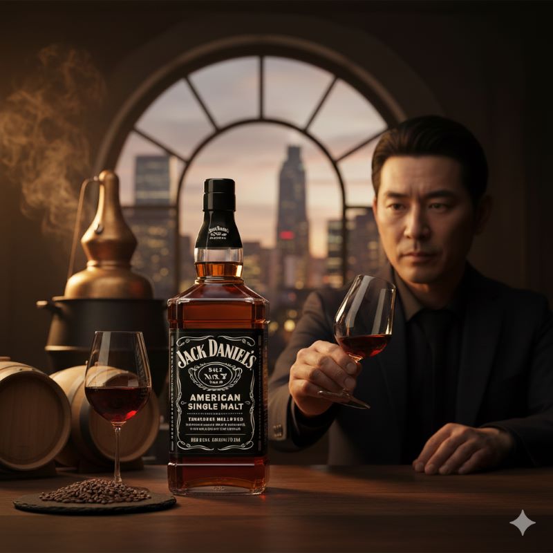 ジャックダニエルアメリカンシングルモルトのボトルとグラスが置かれたカウンターで、テイスティンググラスを傾けている日本人男性。