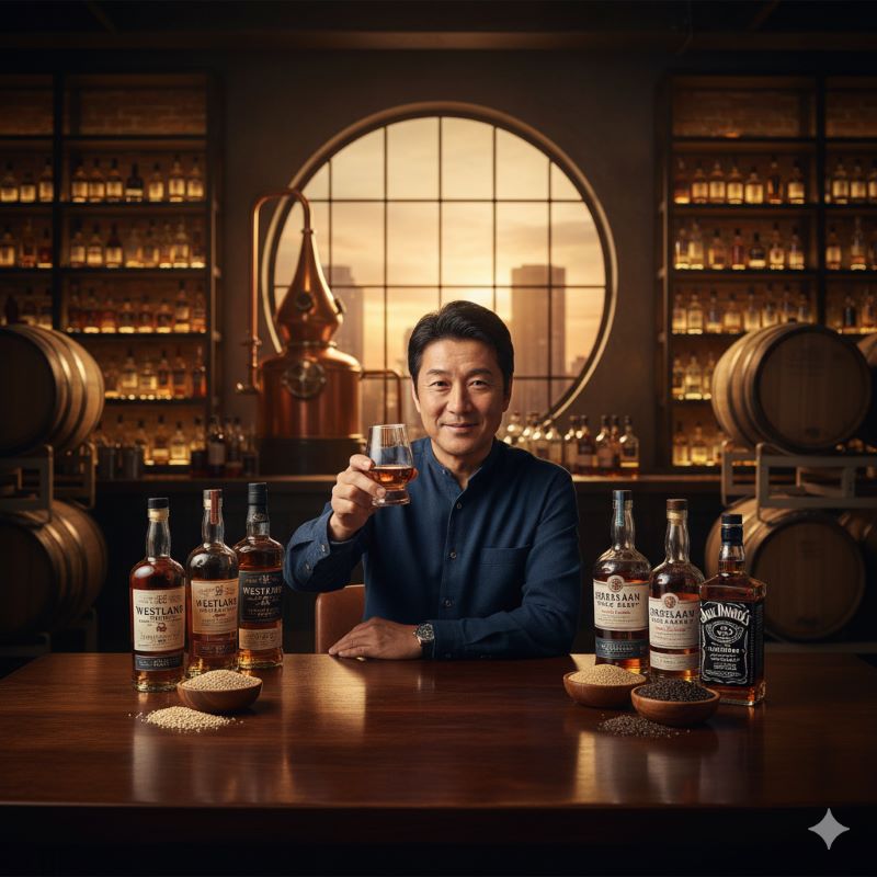 蒸溜所の窓際に立つ日本人男性が、様々なアメリカンシングルモルトのボトルとテイスティンググラスを前に、満足げな表情でウイスキーを勧めている。